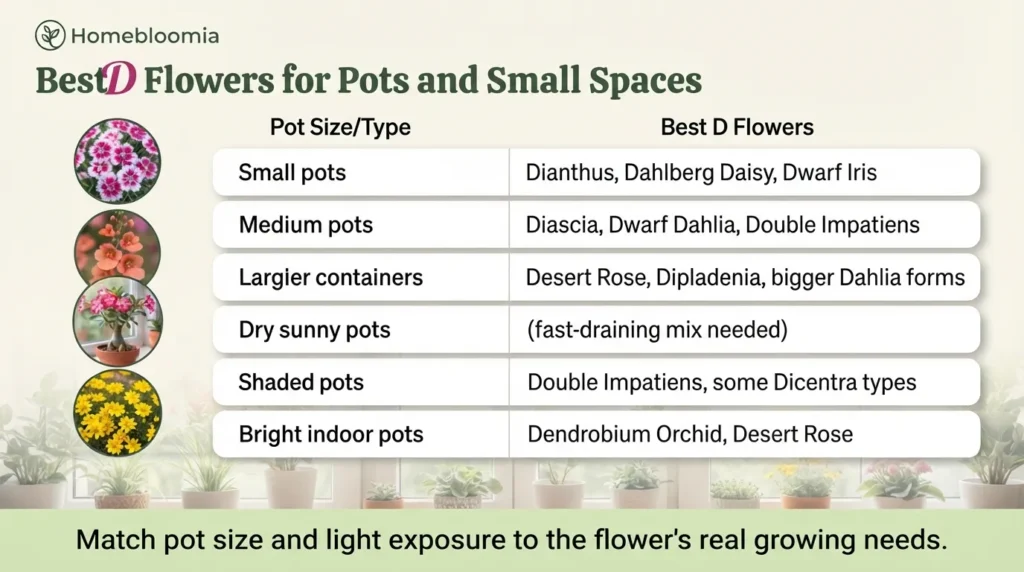 Best D Flowers for Pots and Small Spaces