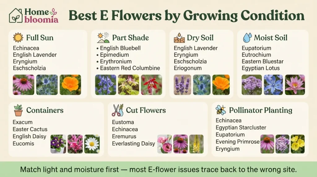 Best E Flowers by Growing Condition