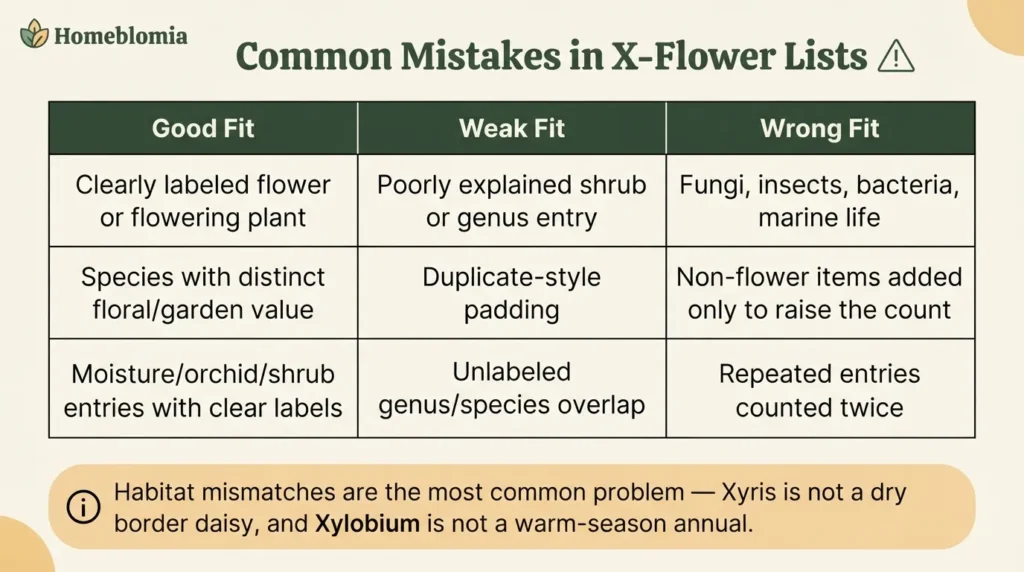 Common Mistakes in X-Flower Lists
