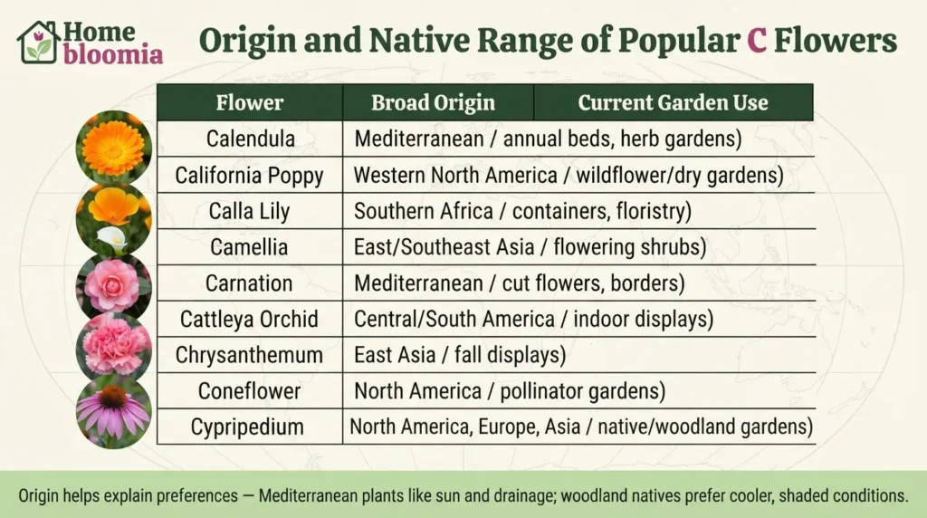Origin and Native Range of Popular C Flowers