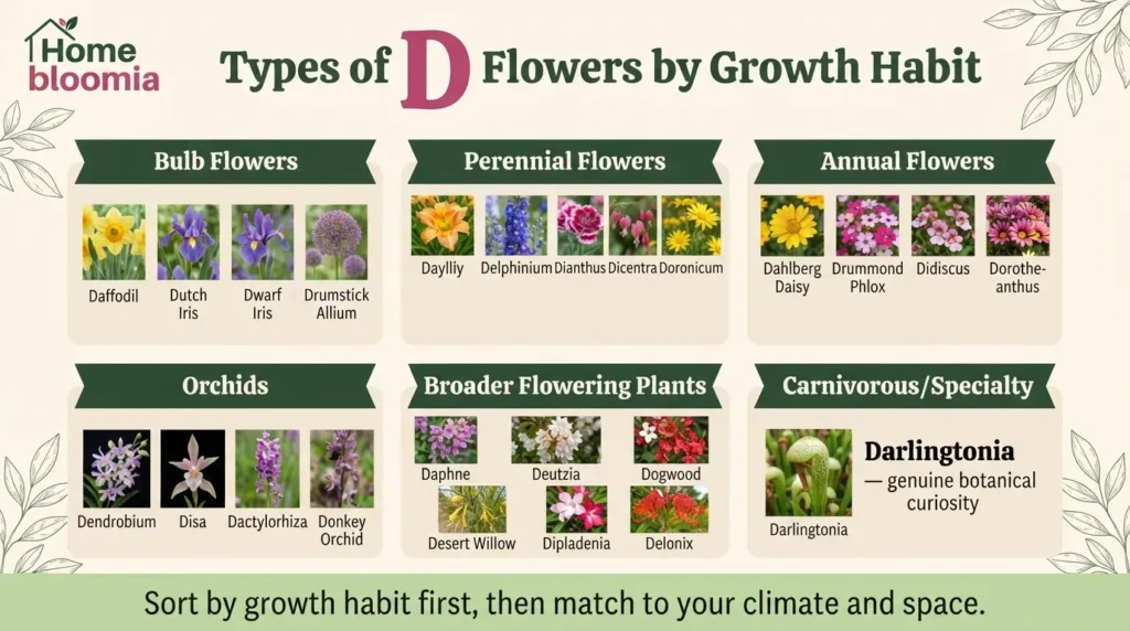Types of D Flowers by Growth Habit and Garden Use