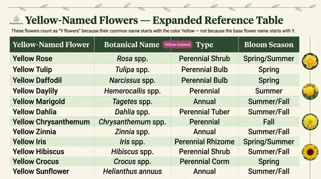 Yellow-Named Flowers Expanded Reference Table