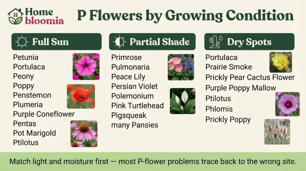 P Flowers by Growing Condition