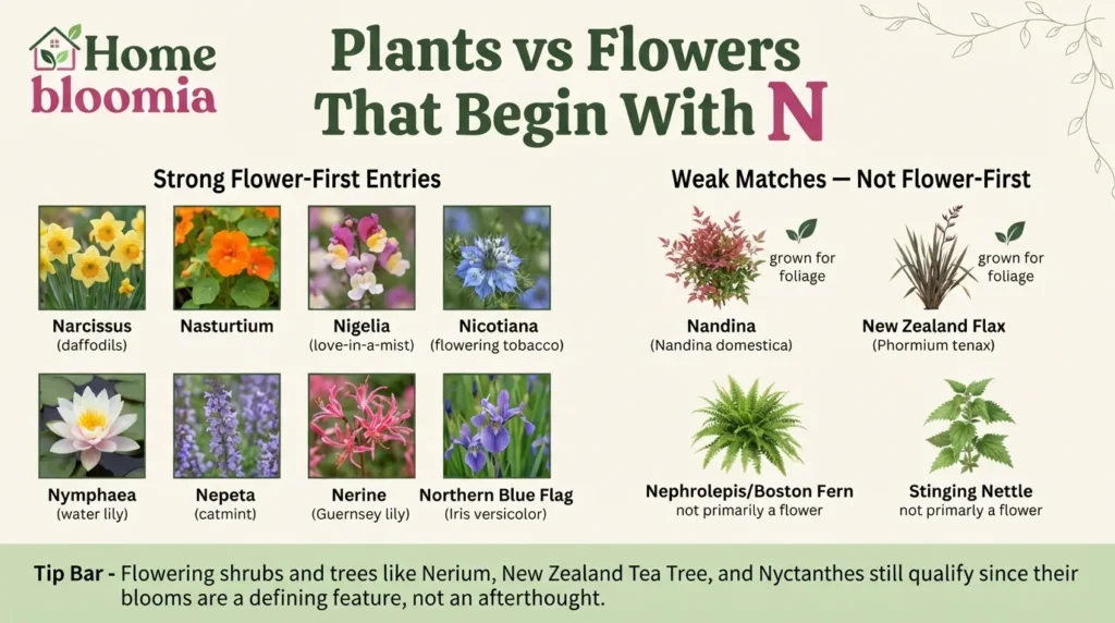 Plants vs. Flowers That Begin With N